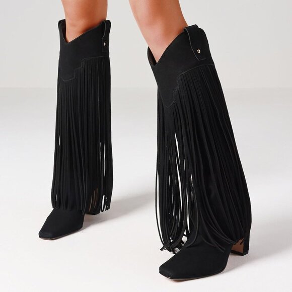 Women's Black Suede Knee High Fringe Boots Chunky Heel Tall Shoes Pull-On Party - Picture 6 of 6
